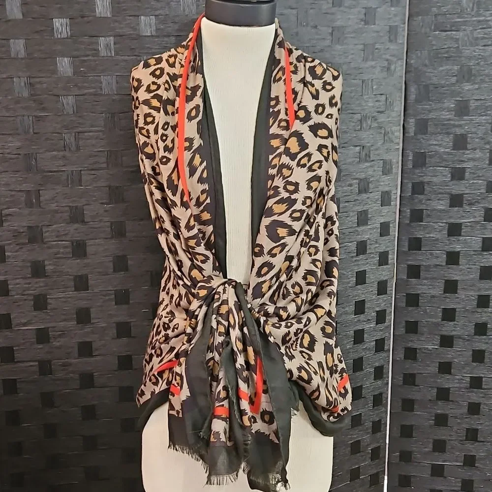 Large Leopard Print Scarf with Red Accents
